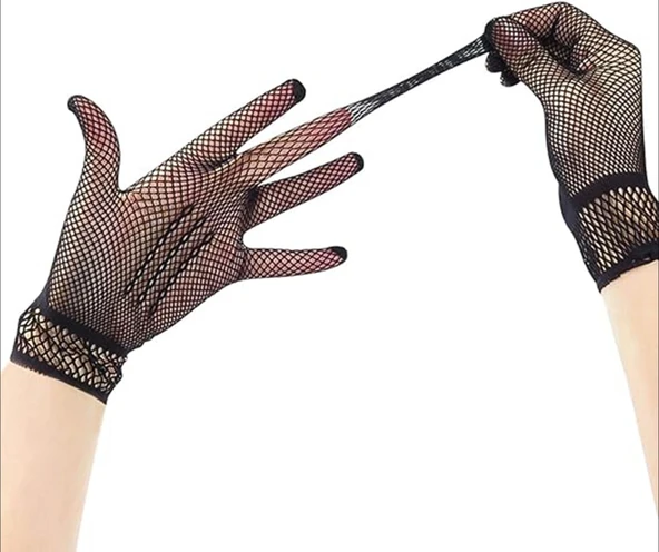 Siyah Renk Likralı File Eldiven Parmaklı Örgü Eldiven Yetişkin Boy - Resim 5