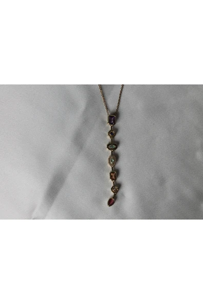 Butik Steel Çok 7 Element Renkli Taşlı Y Kolye Modeli Gold - 5