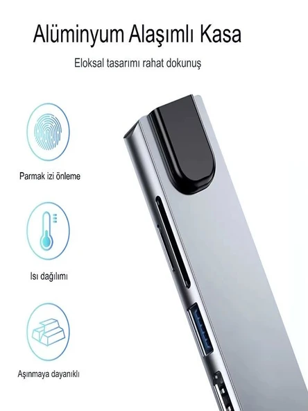 8in1 Aluminium PD100W Hızlı Şarj 4K 1xEthernet 1xHDM 2xUSB 2xType-C TF/SD Usb Çoklayıcı Çevirici - Resim 5