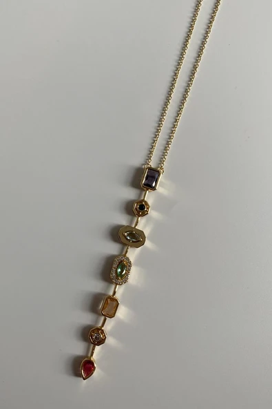 Butik Steel Çok 7 Element Renkli Taşlı Y Kolye Modeli Gold - 2