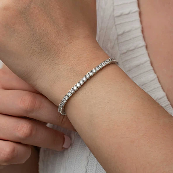 Gümüş 3.5 mm Beyaz Taşlı Su Yolu Kadın Bileklik - Resim 8