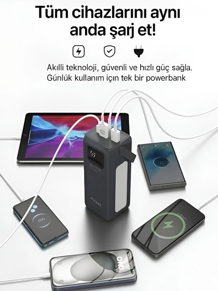 50000mAh 22.5W Hızlı Şarj 4xUSB 1XType-C 1xMicro Led Işıklı Dahili Kablolu Çoklayıcı Powerbank - Resim 2