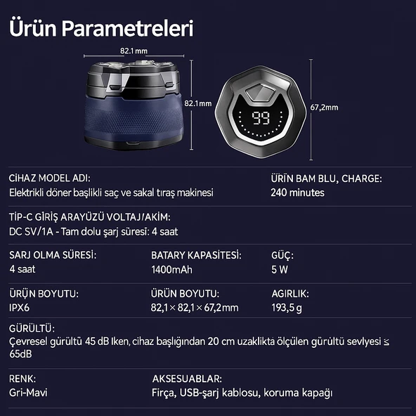 Elektrikli Döner Başlıklı Saç ve Sakal Tıraş Makinesi ,240 Dakika Kullanım Elektrikli Döner Başlıklı Saç ve Sakal Tıraş Makinesi , IPX6 Su Geçirmez 240 Dakika Kullanım - 2