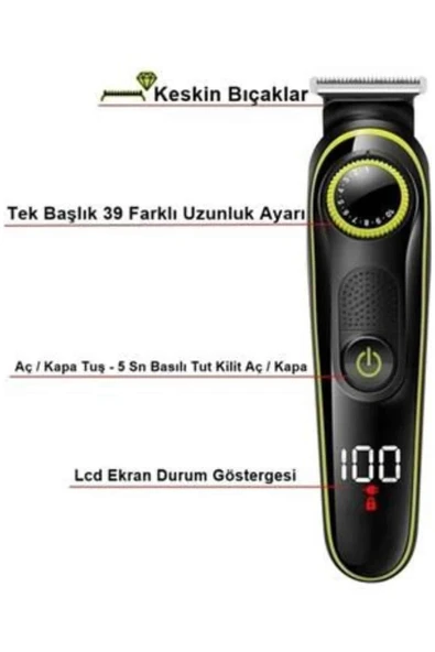 Unısex Çok Fonksiyonlu Bakım Seti Led Göstergeli Tıraş Makinesi Saç Sakal Vücut - Resim 4