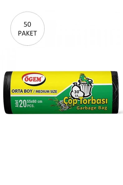 Orta Boy Çöp Torbası 55 x 60 cm 20 Li Rulo x 50 Paket = 1.000 Adet (Siyah) ürün görseli
