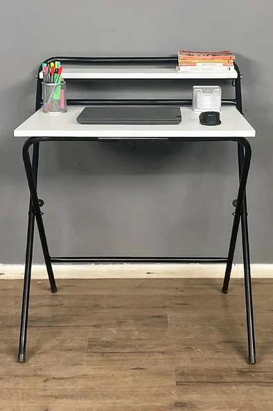 ? Lich Metal Ayaklı Katlanır Çalışma Masası Beyaz | Raflı Laptop Sehpası | Çizim ve Ders Masası - 2