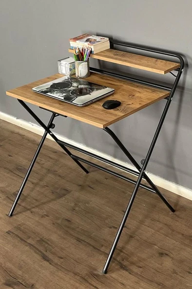 ? Lich Metal Ayaklı Katlanır Çalışma Masası Ceviz | Raflı Laptop Sehpası | Çizim ve Ders Masası