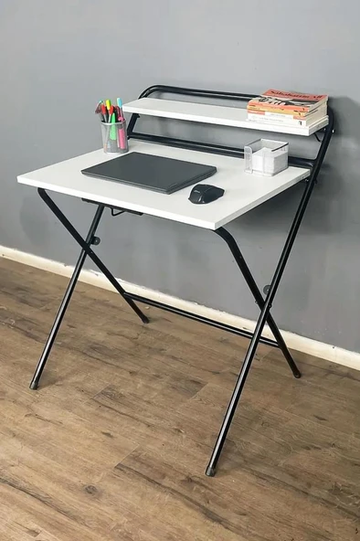 ? Lich Metal Ayaklı Katlanır Çalışma Masası Beyaz | Raflı Laptop Sehpası | Çizim ve Ders Masası