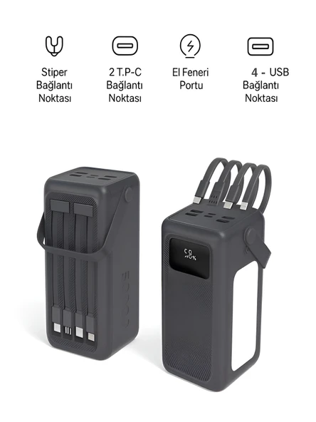 50000mAh 22.5W Hızlı Şarj 4xUSB 1XType-C 1xMicro Led Işıklı Dahili Kablolu Çoklayıcı Powerbank ürün görseli 1