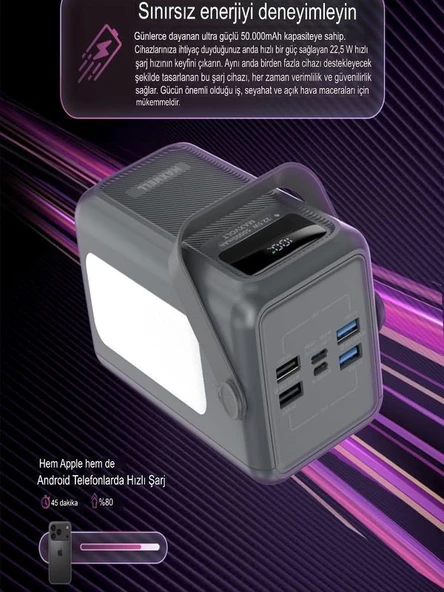 50000mAh 22.5W Hızlı Şarj 4xUSB 1XType-C 1xMicro Led Işıklı Dahili Kablolu Çoklayıcı Powerbank - Resim 3