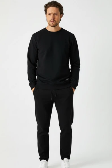 Siyah Relaxed Fit Bisiklet Yaka Sweatshirt Düz Paça Erkek Eşofman Takımı
