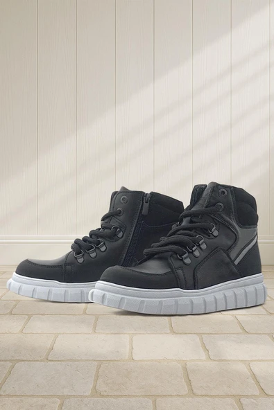 Rakerplus Hakiki Deri Siyah Gri Fermuarlı Erkek Çocuk Bot ürün görseli