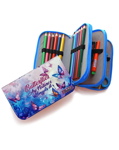 Kalem Kutusu Kelebek Kawai Organizer Kalemkutu Vegan Deri Üç Bölmeli Kalemlik -Mavi - Resim 3