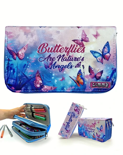 Kalem Kutusu Kelebek Kawai Organizer Kalemkutu Vegan Deri Üç Bölmeli Kalemlik -Mavi ürün görseli