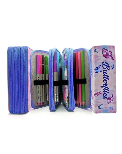 Kalem Kutusu Kelebek Kawai Organizer Kalemkutu Vegan Deri Üç Bölmeli Kalemlik -Mavi - Resim 5