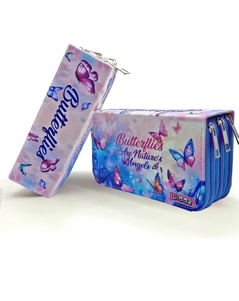 Kalem Kutusu Kelebek Kawai Organizer Kalemkutu Vegan Deri Üç Bölmeli Kalemlik -Mavi - Resim 2