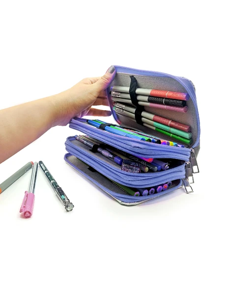 Kalem Kutusu Kelebek Kawai Organizer Kalemkutu Vegan Deri Üç Bölmeli Kalemlik -Mavi - Resim 4