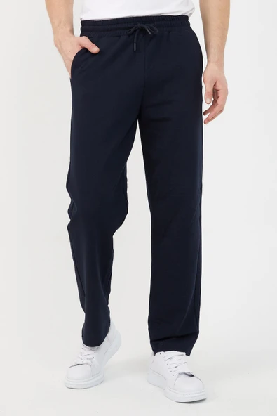 Lacivert Relaxed Fit Bisiklet Yaka Sweatshirt Düz Paça Erkek Eşofman Takımı - 2