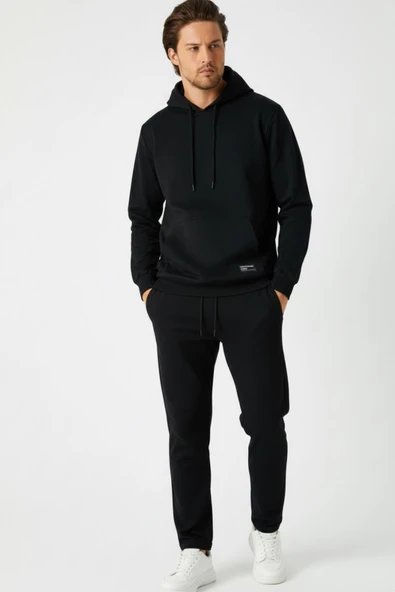 Siyah Regular Fit Kapüşonlu Cepli Sweatshirt Düz Paça Erkek Eşofman Takımı - 1