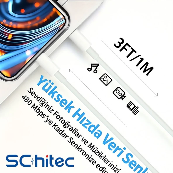 ScHitec 3A 60W Type-C to Lightning Hızlı Data ve Şarj Kablosu 1 Metre Beyaz SX252M - Resim 5