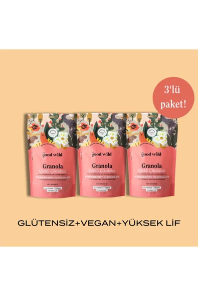 THE GOOD WILD Glütensiz Granola Çilekli Çikolatalı 3'lü Avantaj Paketi