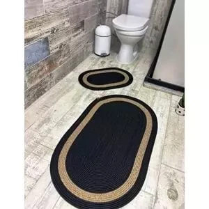 Jüt Hasır 2li Banyo Paspas Takımı-Siyah Ortası Bej - 2