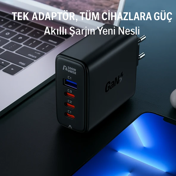 100W GaN+ 4 Port Hızlı Şarj Adaptörü 3 USB-C  1 USB-A Laptop Telefon Tablet Uyumlu - 4