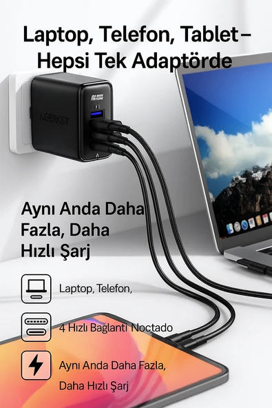 100W GaN+ 4 Port Hızlı Şarj Adaptörü 3 USB-C  1 USB-A Laptop Telefon Tablet Uyumlu - 5