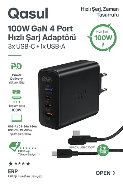 100W GaN+ 4 Port Hızlı Şarj Adaptörü 3 USB-C  1 USB-A Laptop Telefon Tablet Uyumlu