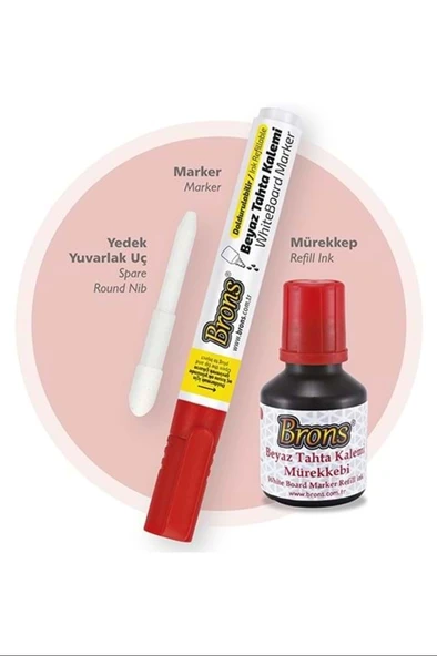 Brons Beyaz Tahta Kalemi Yedek Uç Mürekkep Seti Kırmızı Br-9552