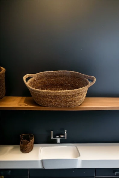 1 Adet Hasır Örgülü Bej Şeritli Organizer & Ekmeklik - Resim 3