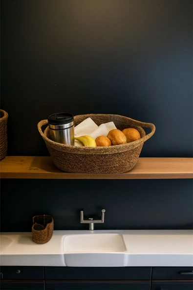 1 Adet Hasır Örgülü Bej Şeritli Organizer & Ekmeklik ürün görseli