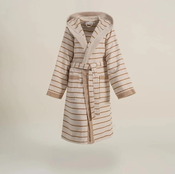 Ecocotton Arden Kadın Bornoz %100 Organik Pamuk Kenevir Karışımlı Bornoz Çizgili Hardal L ürün görseli