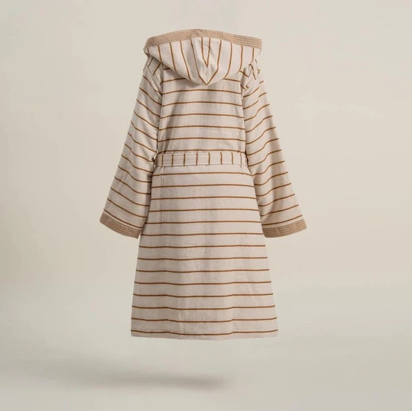 Ecocotton Arden Kadın Bornoz %100 Organik Pamuk Kenevir Karışımlı Bornoz Çizgili Hardal M - Resim 2