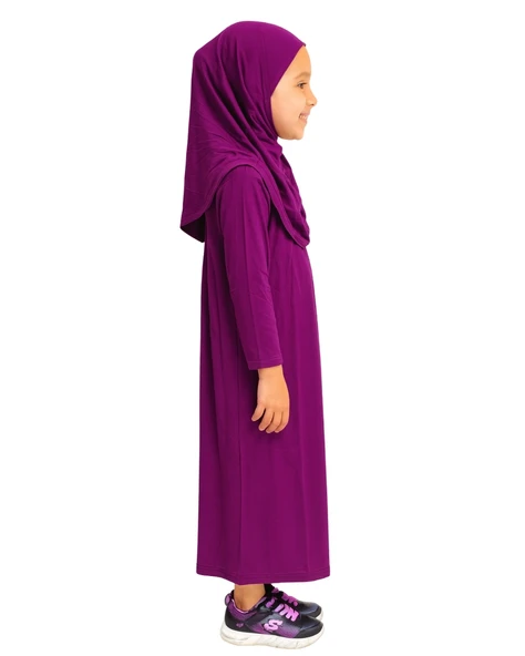 Penye Kendinden Başörtülü Çocuk Namaz Elbisesi Mor/ 6-7-8 yaş - 4
