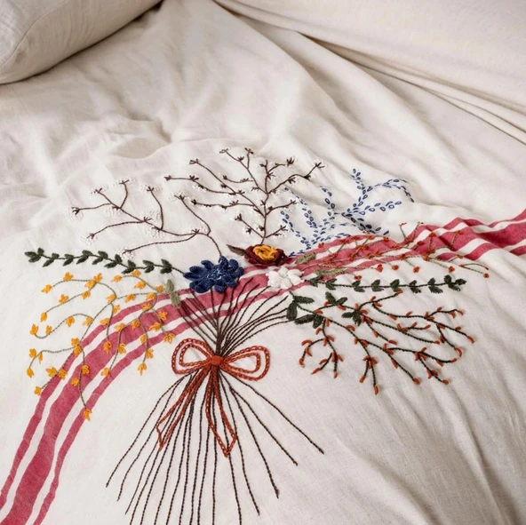 Ecocotton Charla Çift Kişilik Nevresim Takımı %100 Organik Pamuk Kenevir Karışımlı Ekru / Kırmızı CK - Resim 2