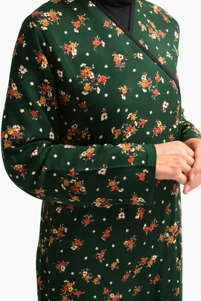 Çiçek Desenli Kruvaze Namaz Elbisesi – %100 Viskon, Yandan Bağlamalı 36-46 Beden - 2