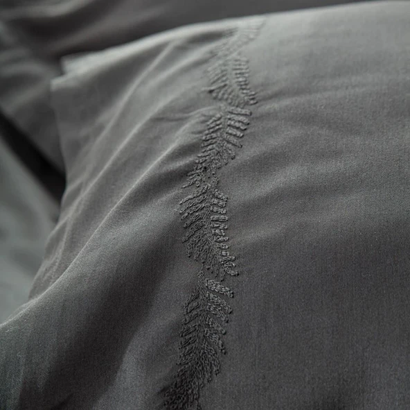 Ecocotton Güz Çift Kişilik Nevresim Takımı %100 Organik Pamuk Saten Brodeli Antrasit CK - Resim 3