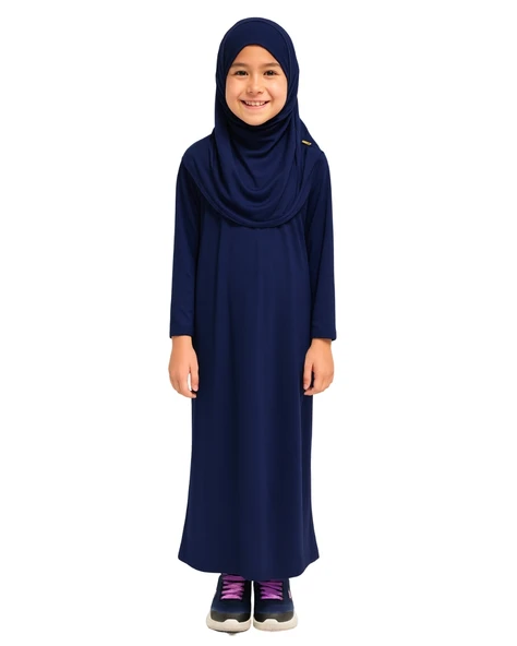 Penye Kendinden Başörtülü Çocuk Namaz Elbisesi Lacivert/ 6-7-8 yaş - 1