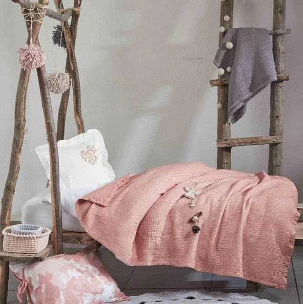 Ecocotton Berin Bebek Yatak Örtüsü %100 Organik Pamuk Müslin El Nakışlı Pudra TK ürün görseli