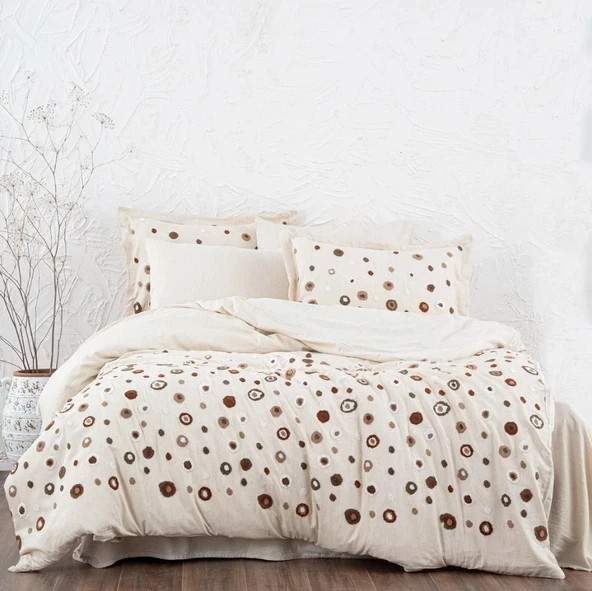 Ecocotton Lal Bej Çift Kişilik %100 Organik Pamuk Nakışlı Nevresim Takımı Bej CK ürün görseli