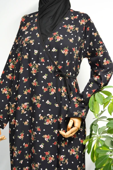 Çiçek Desenli Kruvaze Namaz Elbisesi – %100 Viskon, Yandan Bağlamalı 36-46 Beden - 7