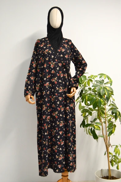 Çiçek Desenli Kruvaze Namaz Elbisesi – %100 Viskon, Yandan Bağlamalı 36-46 Beden - 8