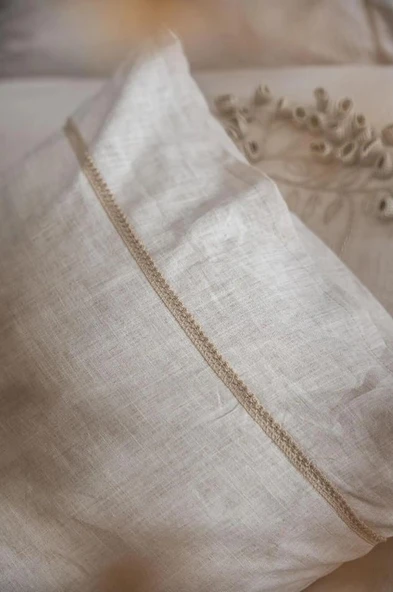 Ecocotton Masal Battal Boy Nevresim Takımı %100 Organik Pamuk Keten El Nakışlı Bej CK - Resim 5