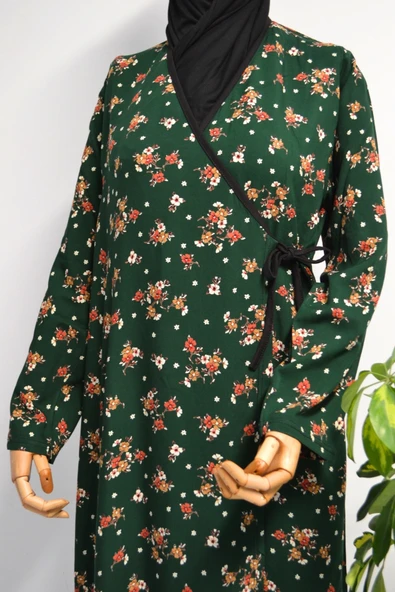 Çiçek Desenli Kruvaze Namaz Elbisesi – %100 Viskon, Yandan Bağlamalı 36-46 Beden - 3