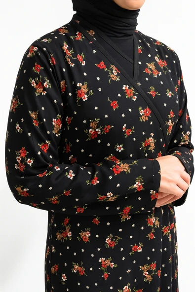 Çiçek Desenli Kruvaze Namaz Elbisesi – %100 Viskon, Yandan Bağlamalı 36-46 Beden - 9