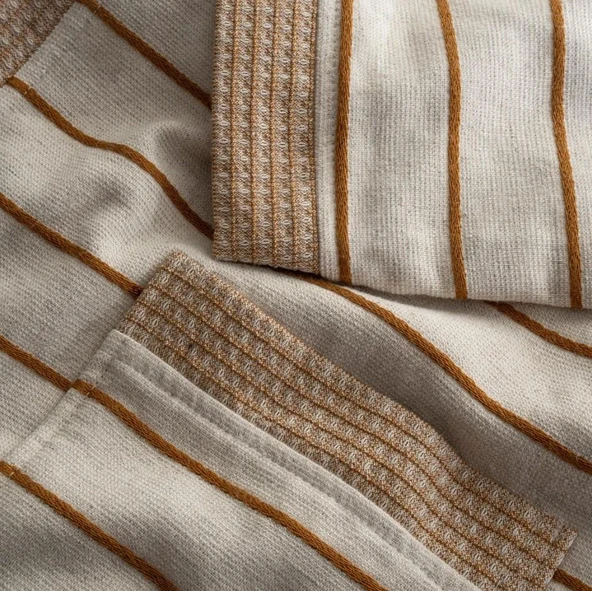 Ecocotton Arden Kadın Bornoz %100 Organik Pamuk Kenevir Karışımlı Bornoz Çizgili Hardal M - Resim 3