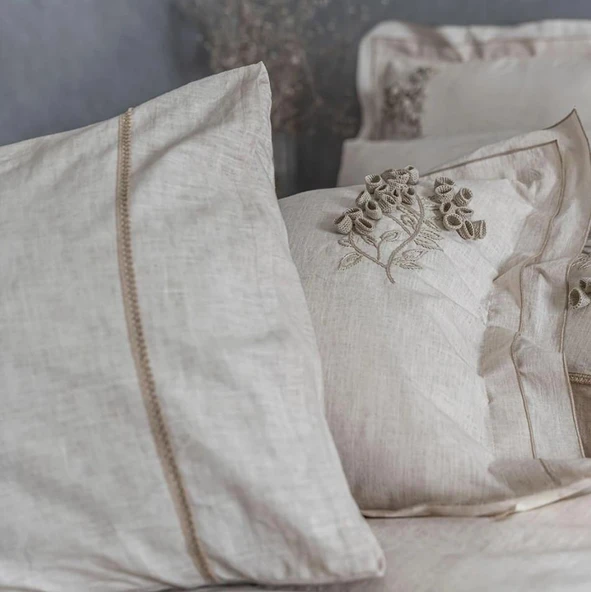 Ecocotton Masal Battal Boy Nevresim Takımı %100 Organik Pamuk Keten El Nakışlı Bej CK - Resim 6