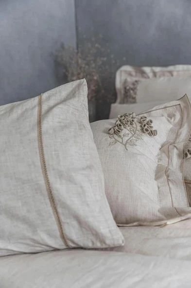 Ecocotton Masal Battal Boy Nevresim Takımı %100 Organik Pamuk Keten El Nakışlı Bej CK - Resim 4