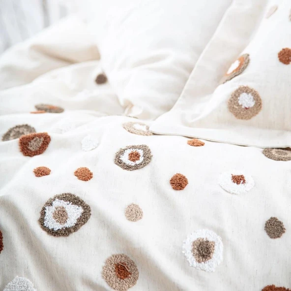 Ecocotton Lal Bej Çift Kişilik %100 Organik Pamuk Nakışlı Nevresim Takımı Bej CK - Resim 3
